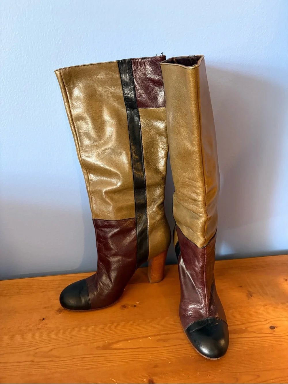 Vintage Miss Sixty Colorblock Leather Boots in Olive, Burgundy & Black